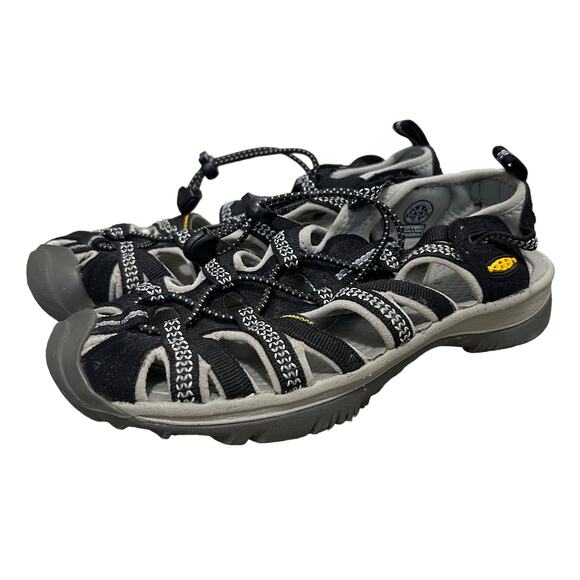 KEEN Whisper Waterproof Sandals Women's Sz 6 Black Neutral Gray Elastic Cord - Picture 1 of 9